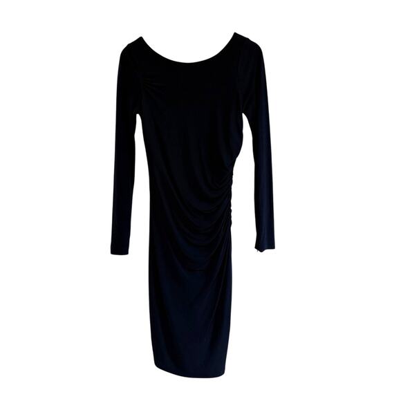 BADGLEY MISHKA deep navy blue scoop neck side ruched midi cocktail dress - Picture 1 of 7